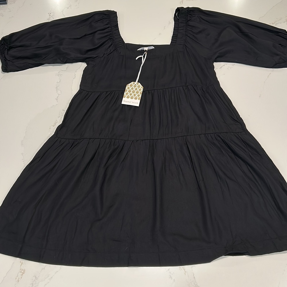 Beyond Words Elegant black Peasant Boho Dress Square Neck SZ Small